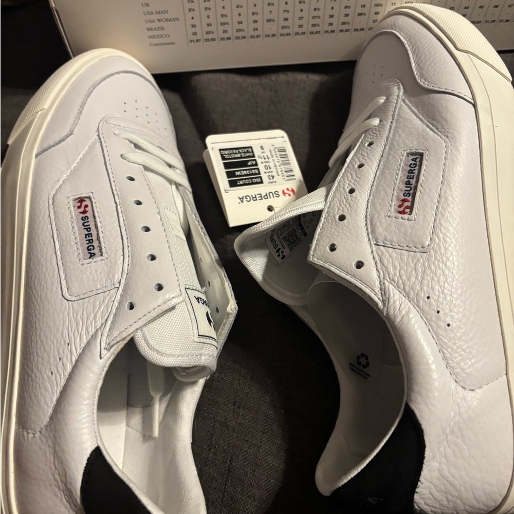 Superga 3854 Court Platform Leather Sneaker White w/Black Heel Tab Men’s 10 NIB - Picture 3 of 5